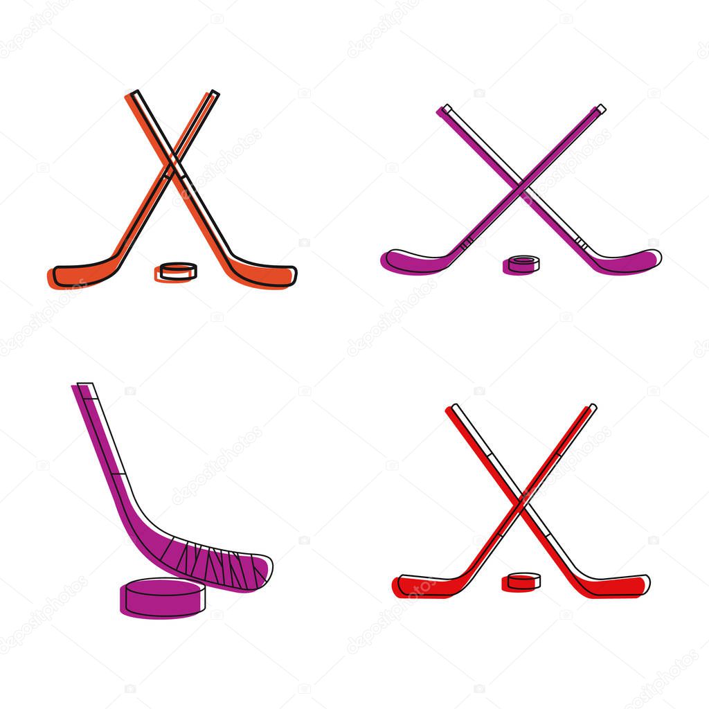 Hockey stick icon set. Color outline set of hockey stick vector icons for web design isolated on white background
