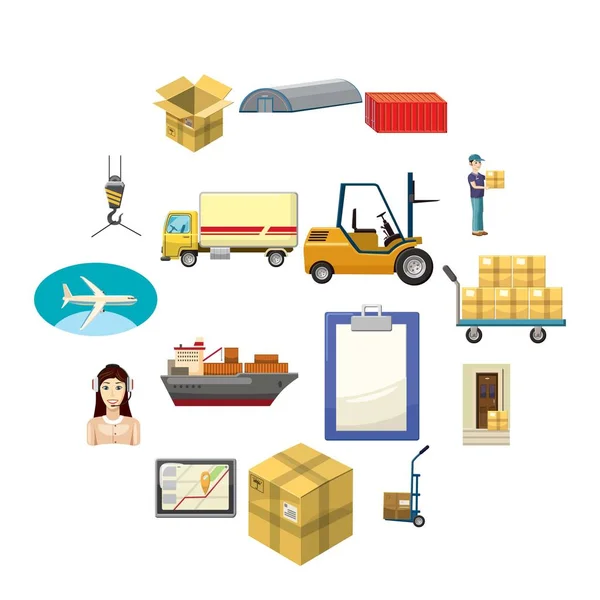 Logistiek iconen set, cartoon stijl — Stockvector