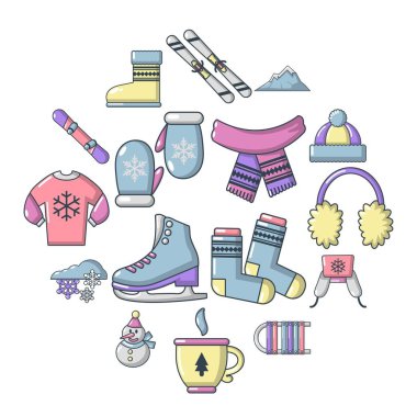 Kış giysileri simgeler ayarla, tarzı çizgi film