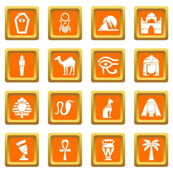 Egipto iconos de viaje conjunto naranja cuadrado vector — Vector de stock