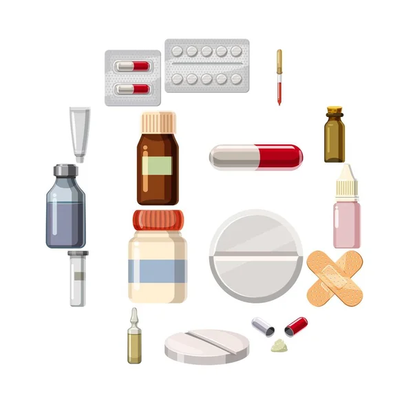 Gyógyszer gyógyszerek típusú ikonok beállítása, rajzfilm stílusú — Stock Vector