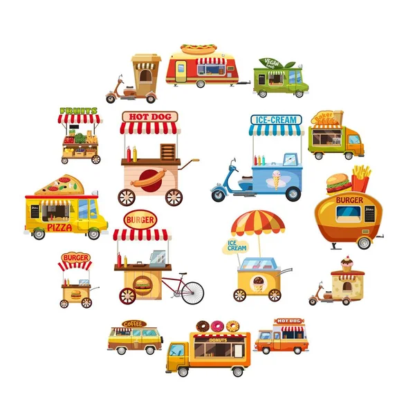 Street food set icone chiosco, stile cartone animato — Vettoriale Stock