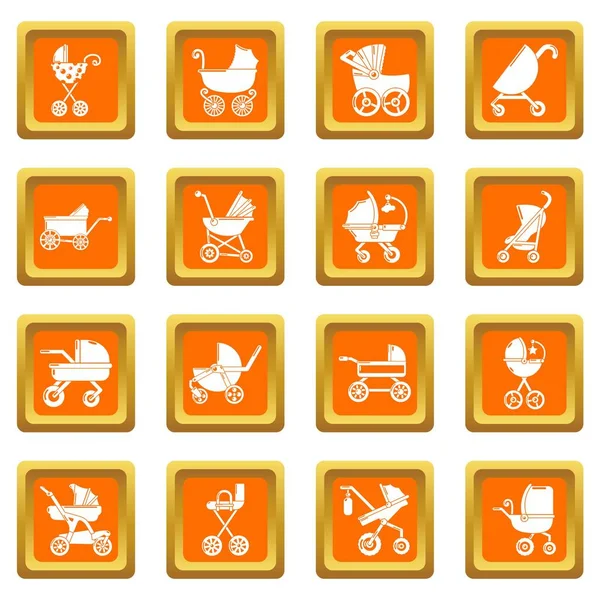 Kinderwagen pictogrammen instellen oranje vierkante vector — Stockvector