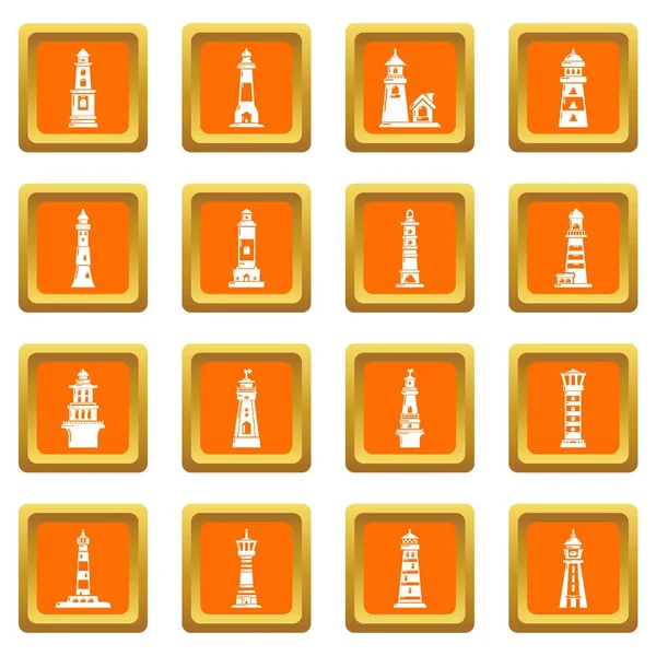 Iconos del faro conjunto naranja cuadrado vector — Vector de stock