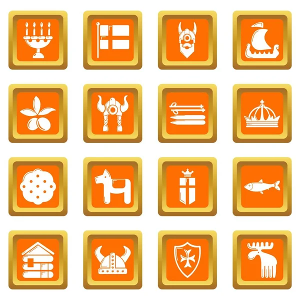 Suecia iconos de viaje conjunto naranja cuadrado vector — Vector de stock
