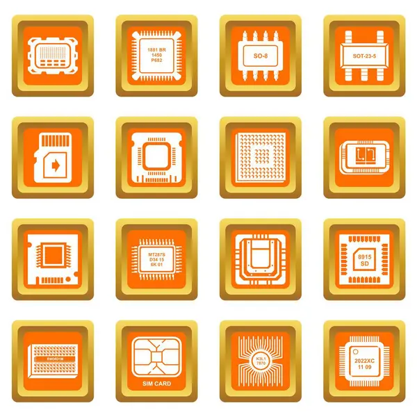 Ícones de chips de computador conjunto vetor quadrado laranja — Vetor de Stock