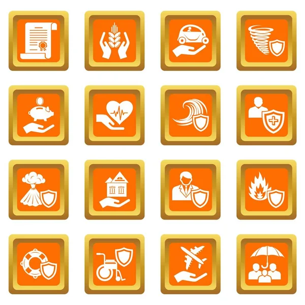 Iconos de seguro conjunto naranja cuadrado vector — Vector de stock