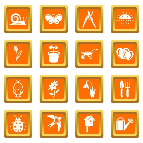 Spring icons set orange square vector