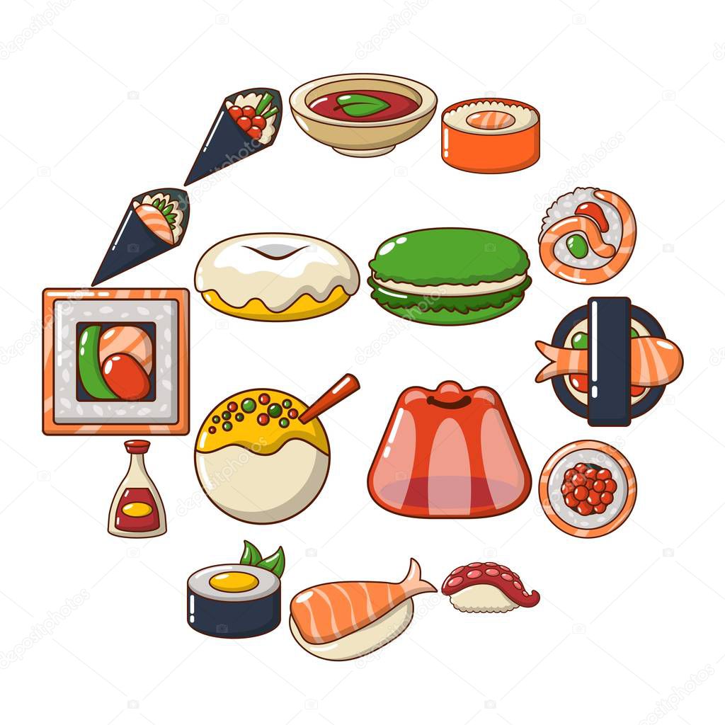 Japan food icons set, cartoon style