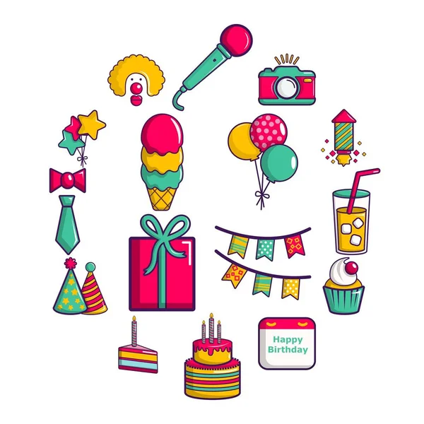 Conjunto de iconos de feliz cumpleaños, estilo de dibujos animados — Vector de stock