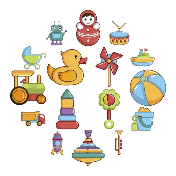 Set de icoane jucării pentru copii, stil desene animate — Vector de stoc