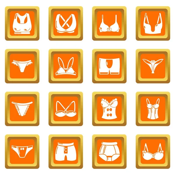 Tipos de ropa interior iconos conjunto naranja cuadrado vector — Vector de stock