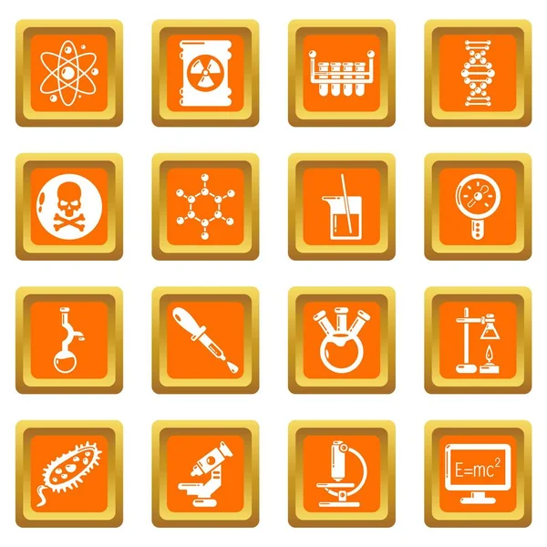 Chemistry laboratory icons set orange square vector — Stock Vector