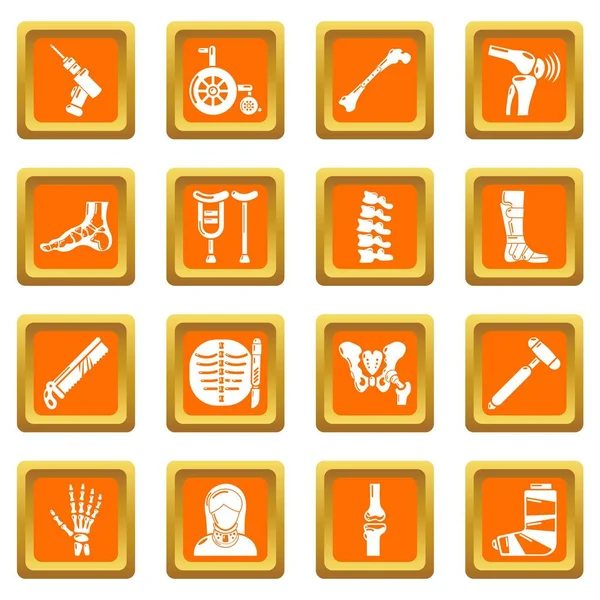Le icone degli strumenti ossei ortopedici impostano il vettore quadrato arancione — Vettoriale Stock
