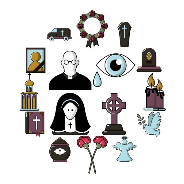 Temetési rituális szolgáltatás ikonok beállítása, rajzfilm stílusú — Stock Vector