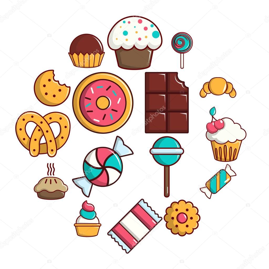 Sweets candy cakes icons set, cartoon style