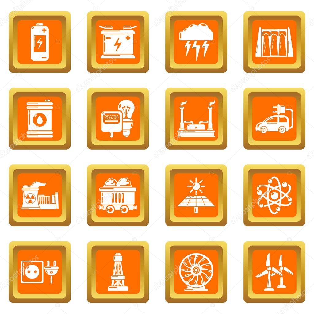 Energy sources icons set orange square vector