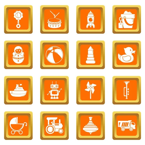 Děti hračky ikony set oranžové čtvercové vektor — Stockový vektor