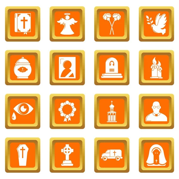 Funeral ritual servicio iconos conjunto naranja cuadrado vector — Vector de stock