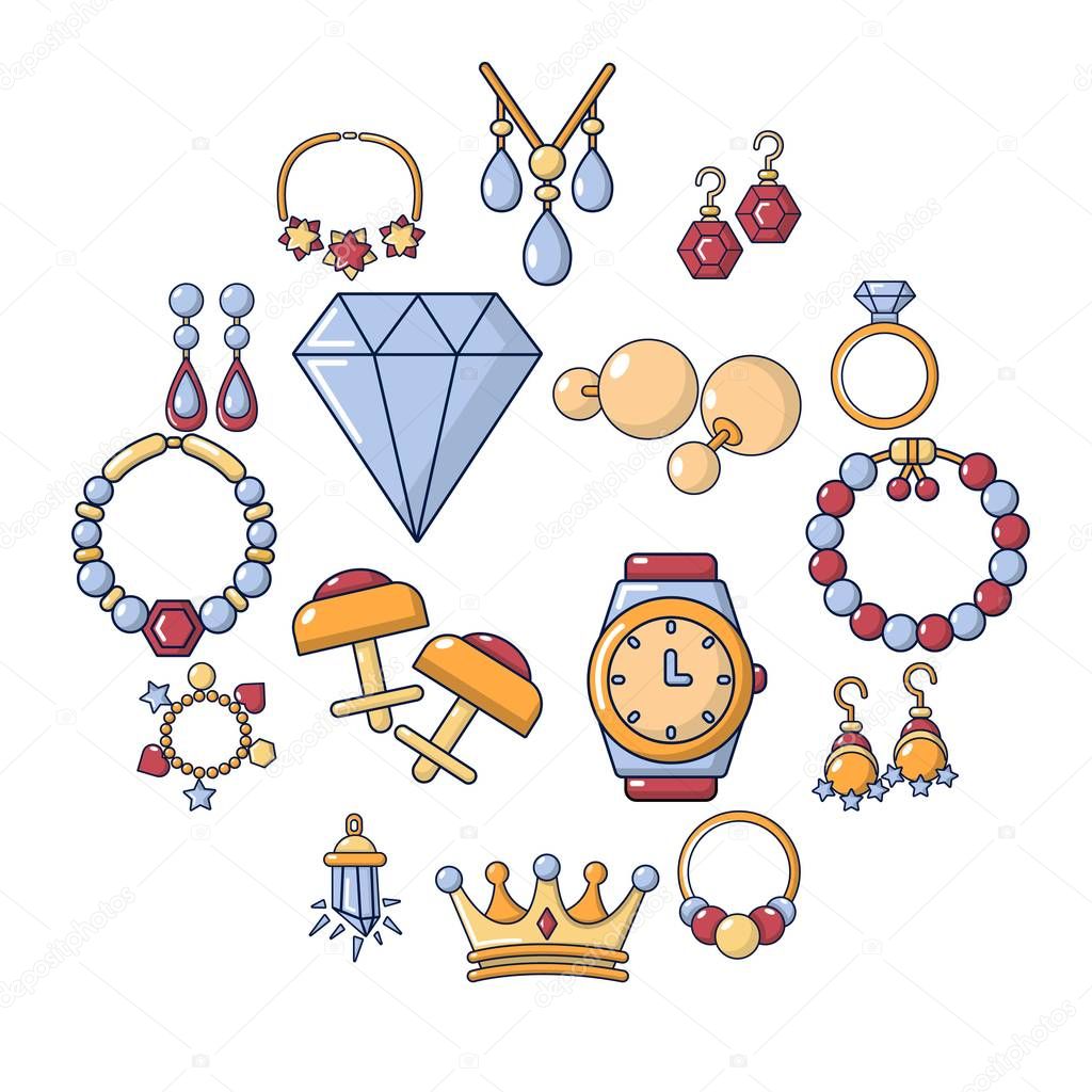 Jewelry shop icons set, cartoon style