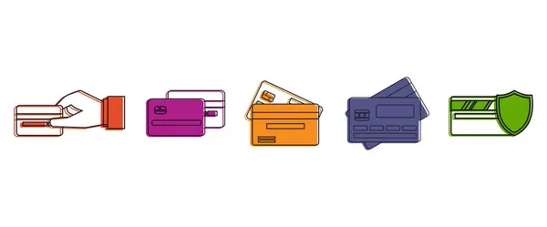 Hitelkártya ikon készlet, színes vázlat stílusában — Stock Vector