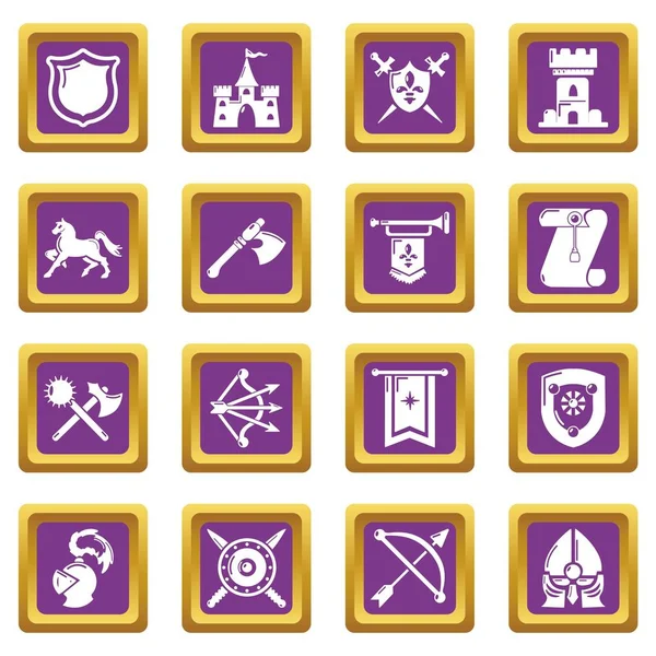 Rycerz średniowieczny ikony purpurowy kwadratowych wektor zestaw — Wektor stockowy