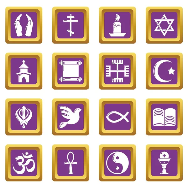 Ícones de religião conjunto vetor quadrado roxo —  Vetores de Stock