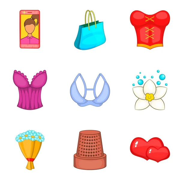 Set di icone di genere femminile, stile cartone animato — Vettoriale Stock
