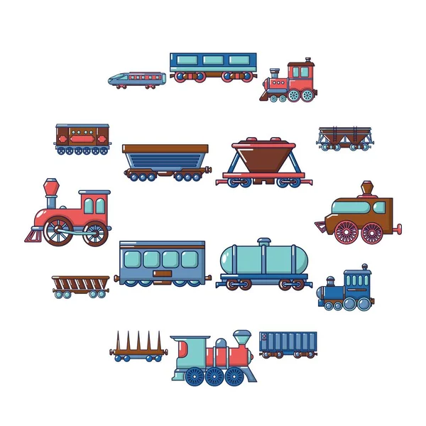 Ensemble d'icônes de chariot ferroviaire, style dessin animé — Image vectorielle