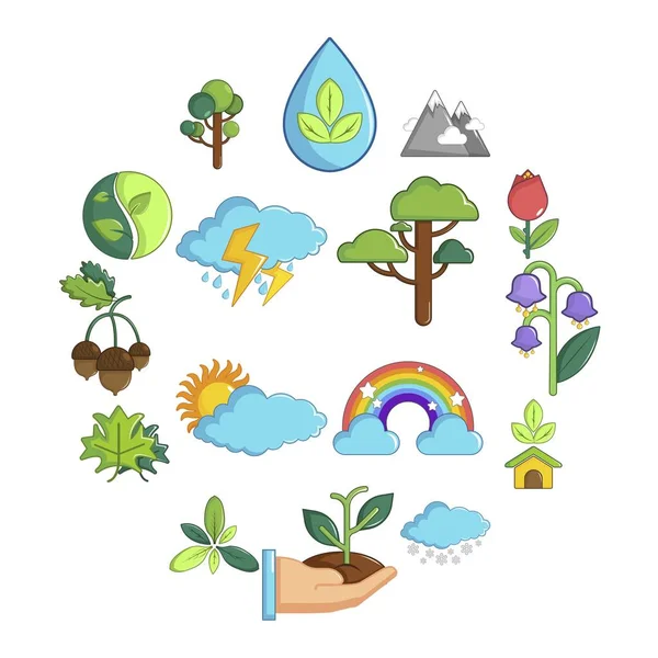 Nature icons set symbols, cartoon style — Stock Vector