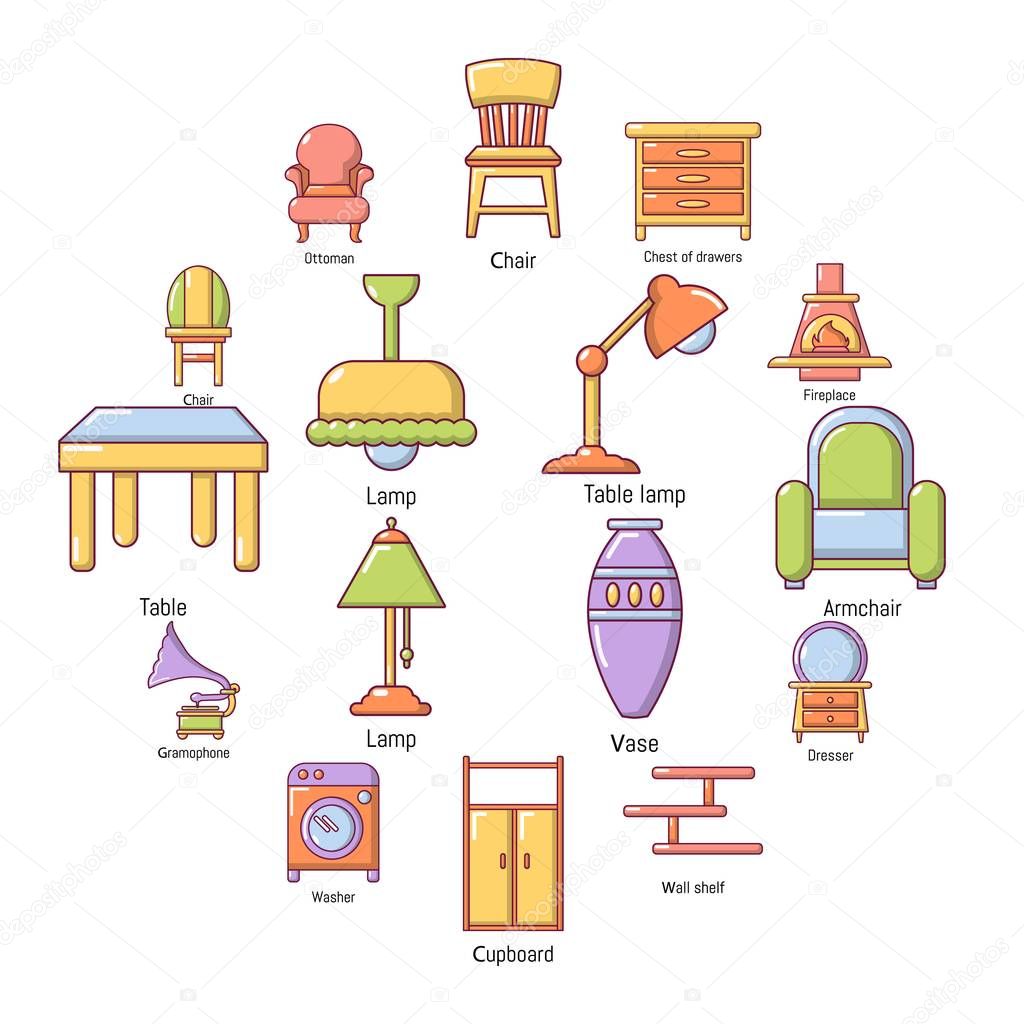 Interior furniture icons set, cartoon style