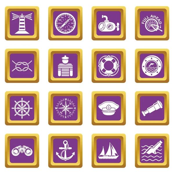 Conjunto de iconos náuticos vector cuadrado púrpura — Vector de stock