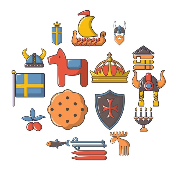 Švédsku cestování ikony set, kreslený styl — Stockový vektor
