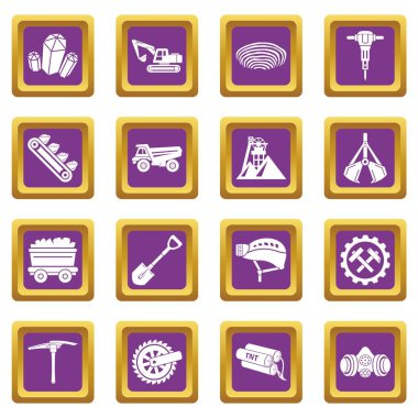 Kömür madeni simgeler kümesi mor kare vektör