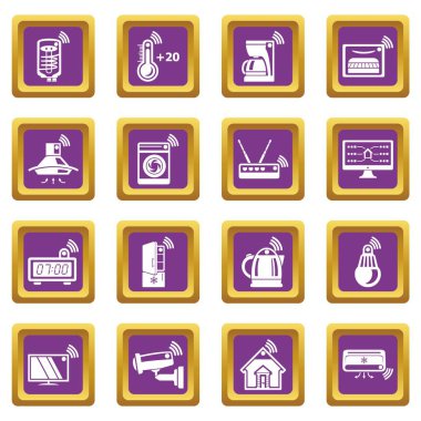 Mor kare vektör akıllı ev Icons set