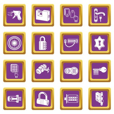 Kilit kapı türleri simgeler kümesi mor kare vektör