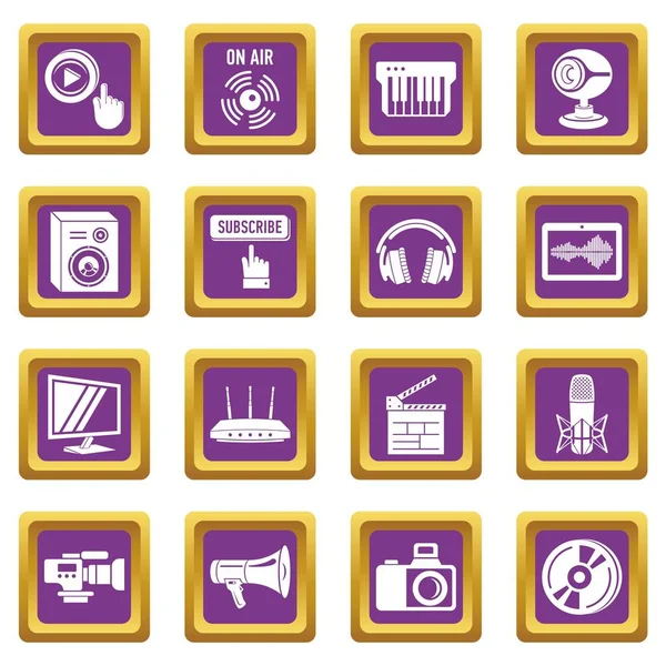 Multimedia iconos de Internet conjunto púrpura vector cuadrado — Vector de stock