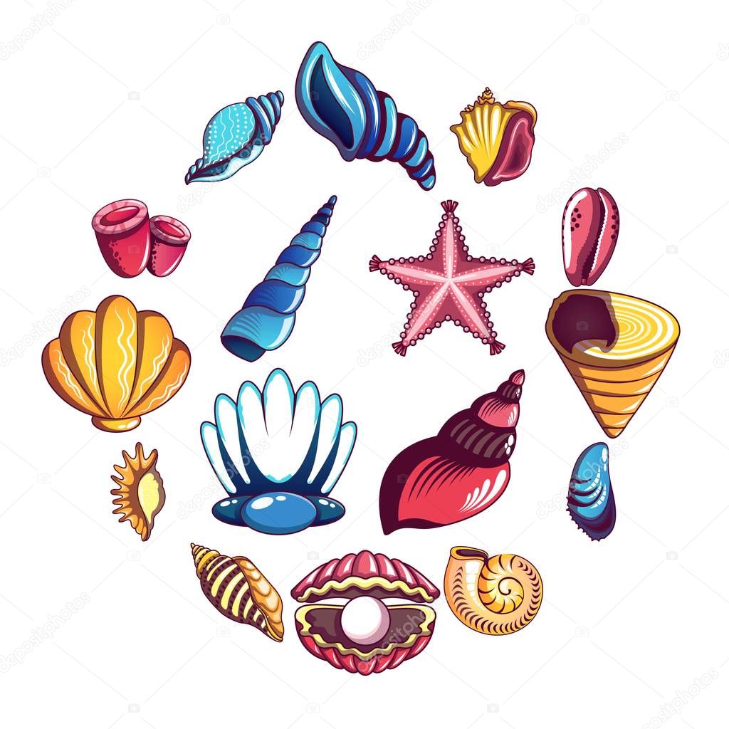 Tropical sea shell icons set, cartoon style