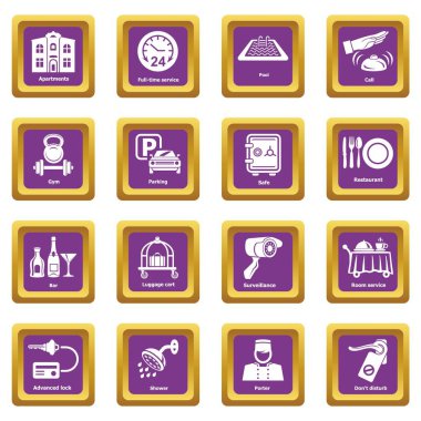 Otel hizmeti simgelerini mor kare vektör ayarla