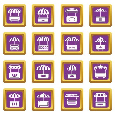 Mor kare vektör sokak gıda kiosk Icons set