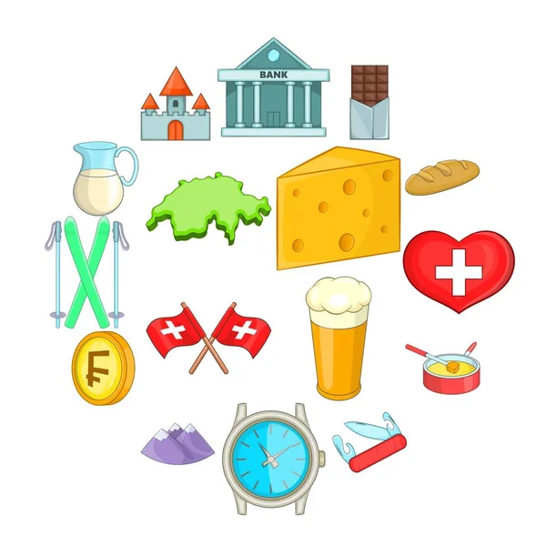 Suiza conjunto de iconos de viaje, estilo de dibujos animados — Vector de stock