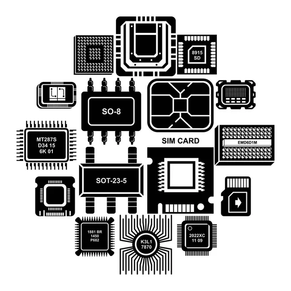 Conjunto de ícones de chips de computador, estilo simples — Vetor de Stock