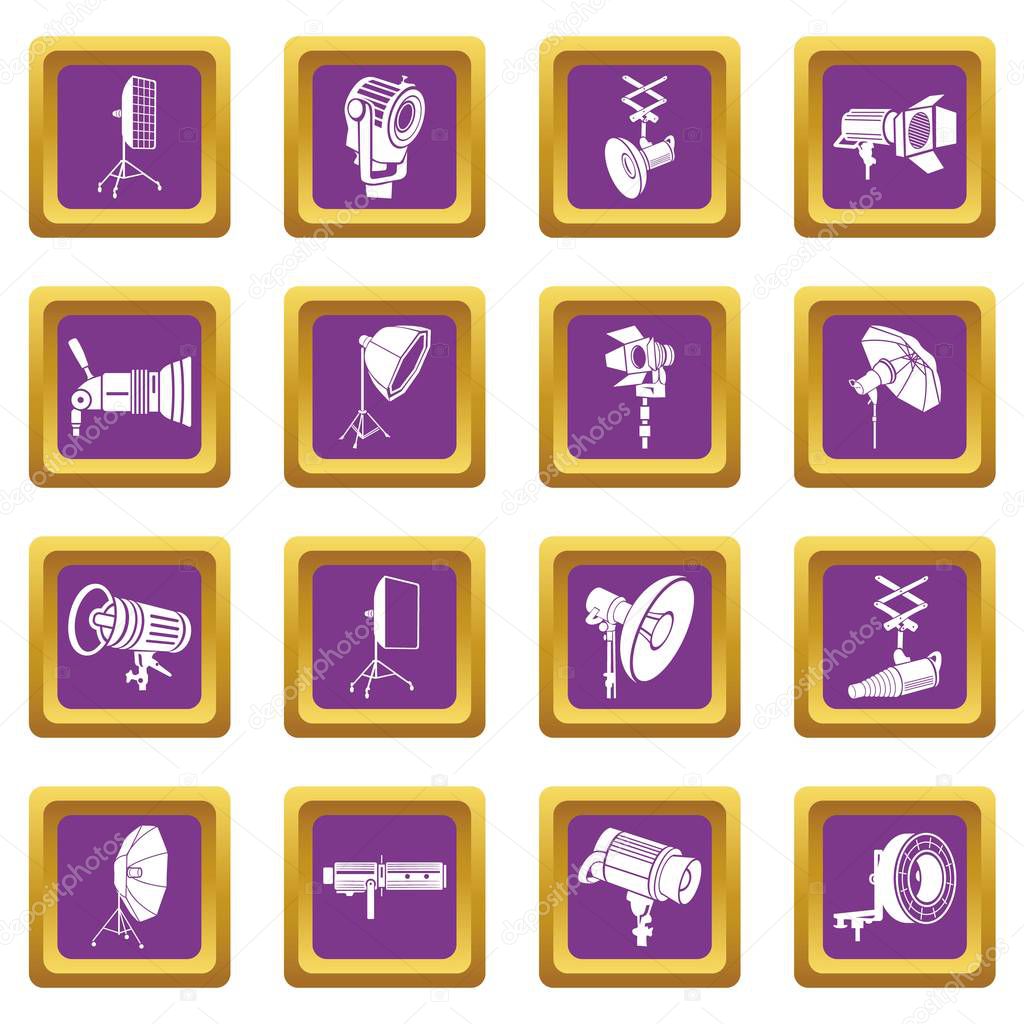 Photography icons set purple square vector