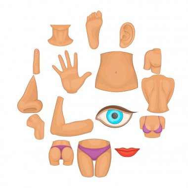 Body parts icons set, cartoon style clipart