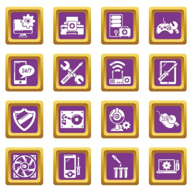 Mor kare vektör bilgisayar onarım servisi Icons set