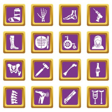 Mor kare vektör ortopedi uzmanı kemik araçları Icons set