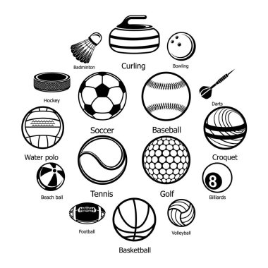 Spor topları ekipman Icons set, basit tarzı