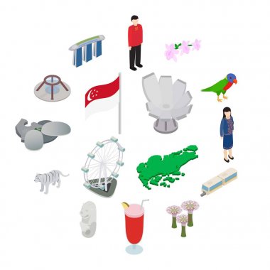 Singapur Icons set, izometrik 3d tarzı