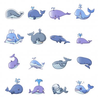 Balina mavi masal balık Icons set, karikatür tarzı