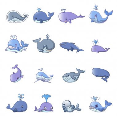 Whale blue tale fish icons set, cartoon style
